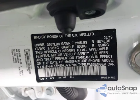 2019 Honda Civic Sport Touring z USA, uszkodzony, nr VIN SHHFK7H90KU217504